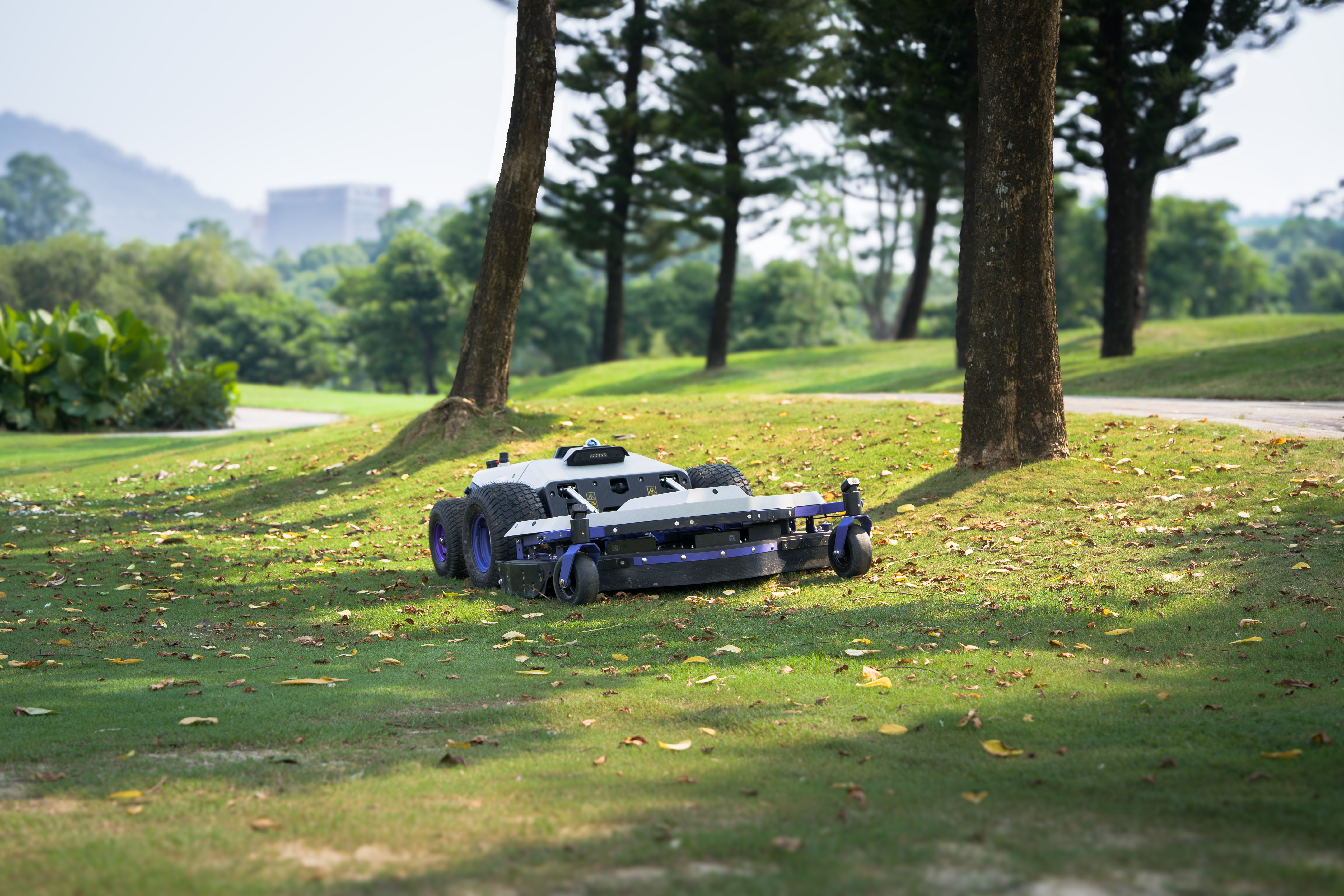 Commercial robotic mower cutting golf course rough