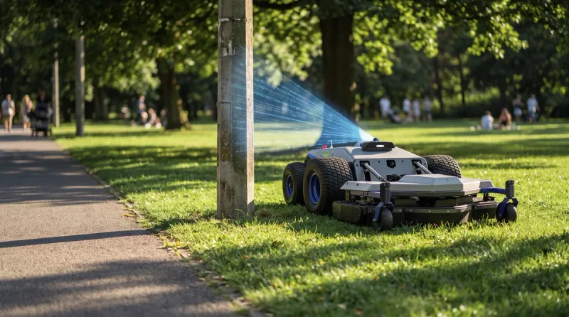 PANDAG G1 navigating a park with trees and paths