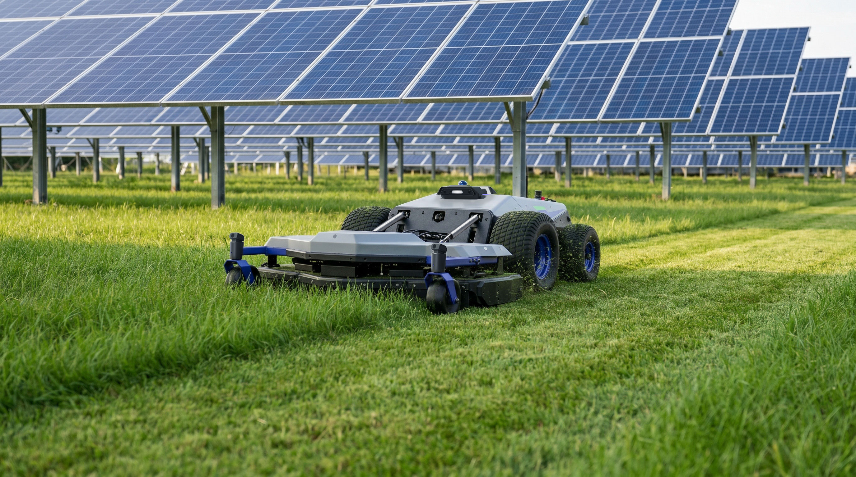 Commercial robotic mower cutting grass at a solar farm