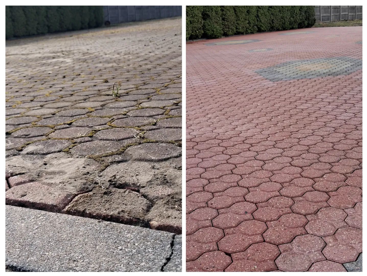 Plac z kostki brukowej przed i po czyszczeniu