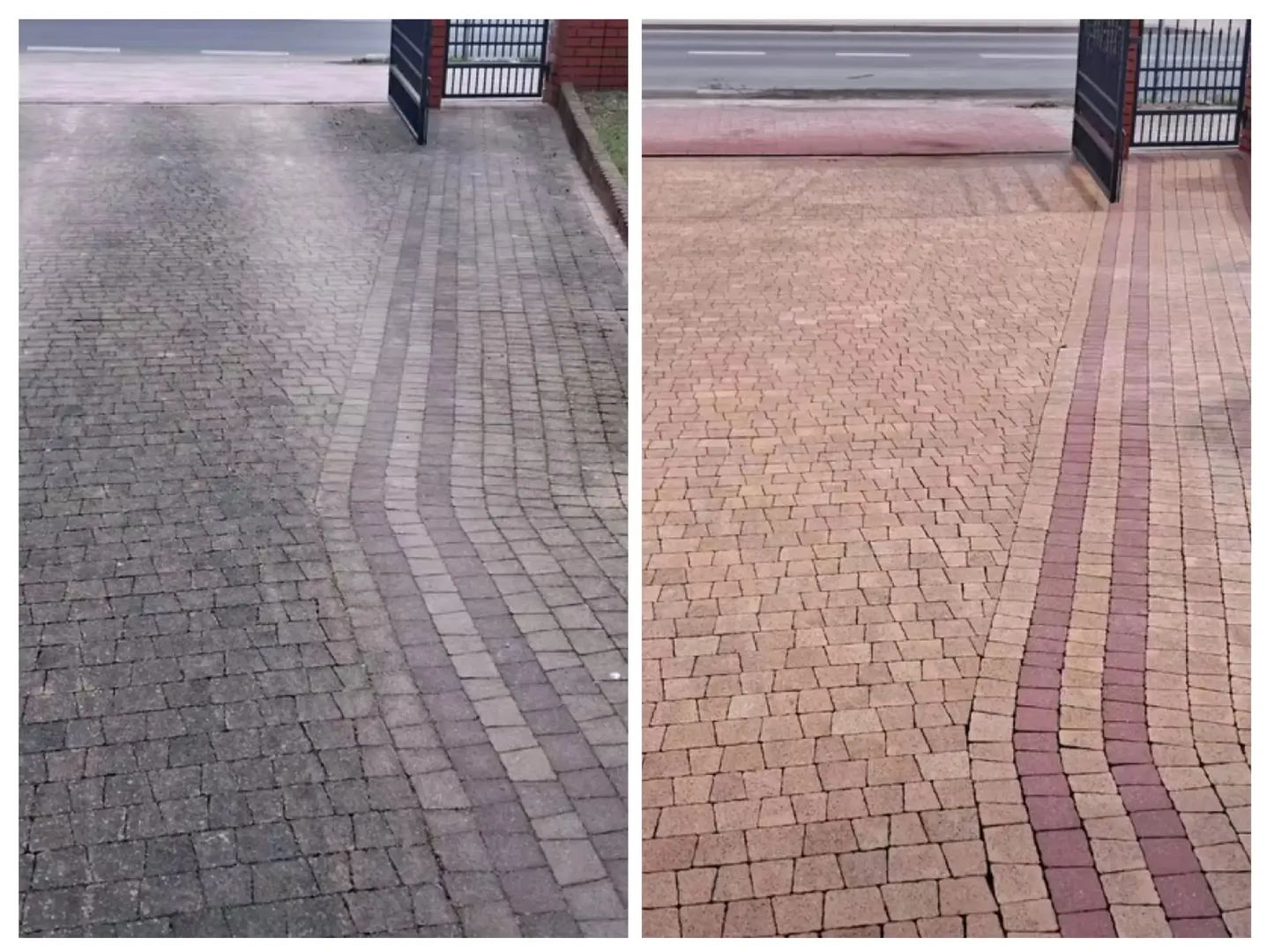 Wjazd na posesję przed i po myciu kostki