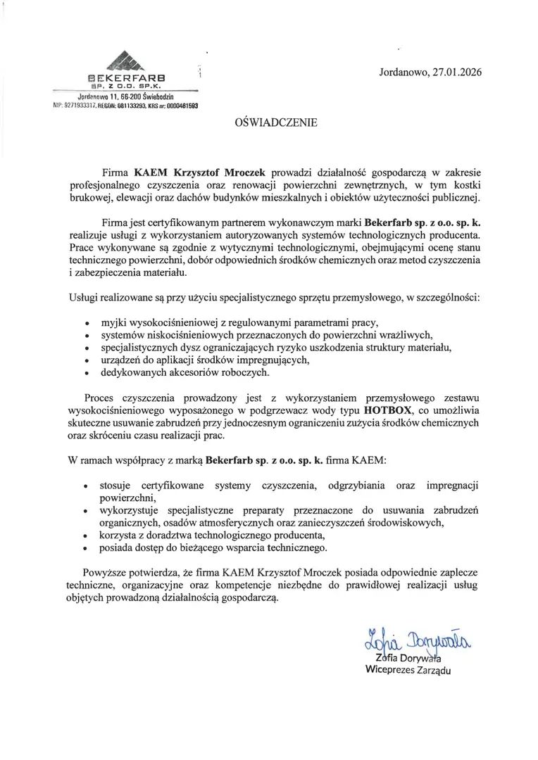 Oświadczenie Bekerfarb potwierdzające status KAEM jako certyfikowanego partnera wykonawczego