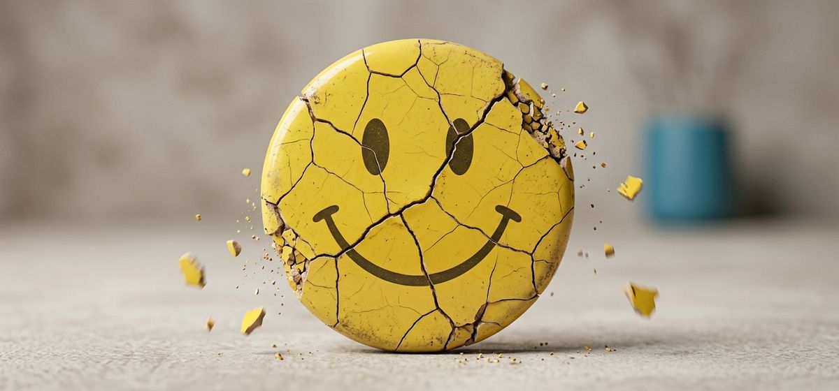 Una galleta con forma de emoji sonriente agrietándose