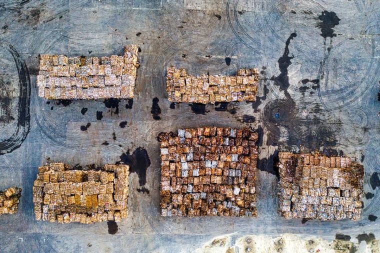 Aerial view of baled recovered material stacked at the Garthorpe processing yard