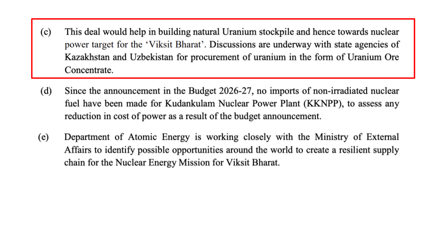 Legal document outlining India's pursuit of relationship with Uzbekistan's uranium company.