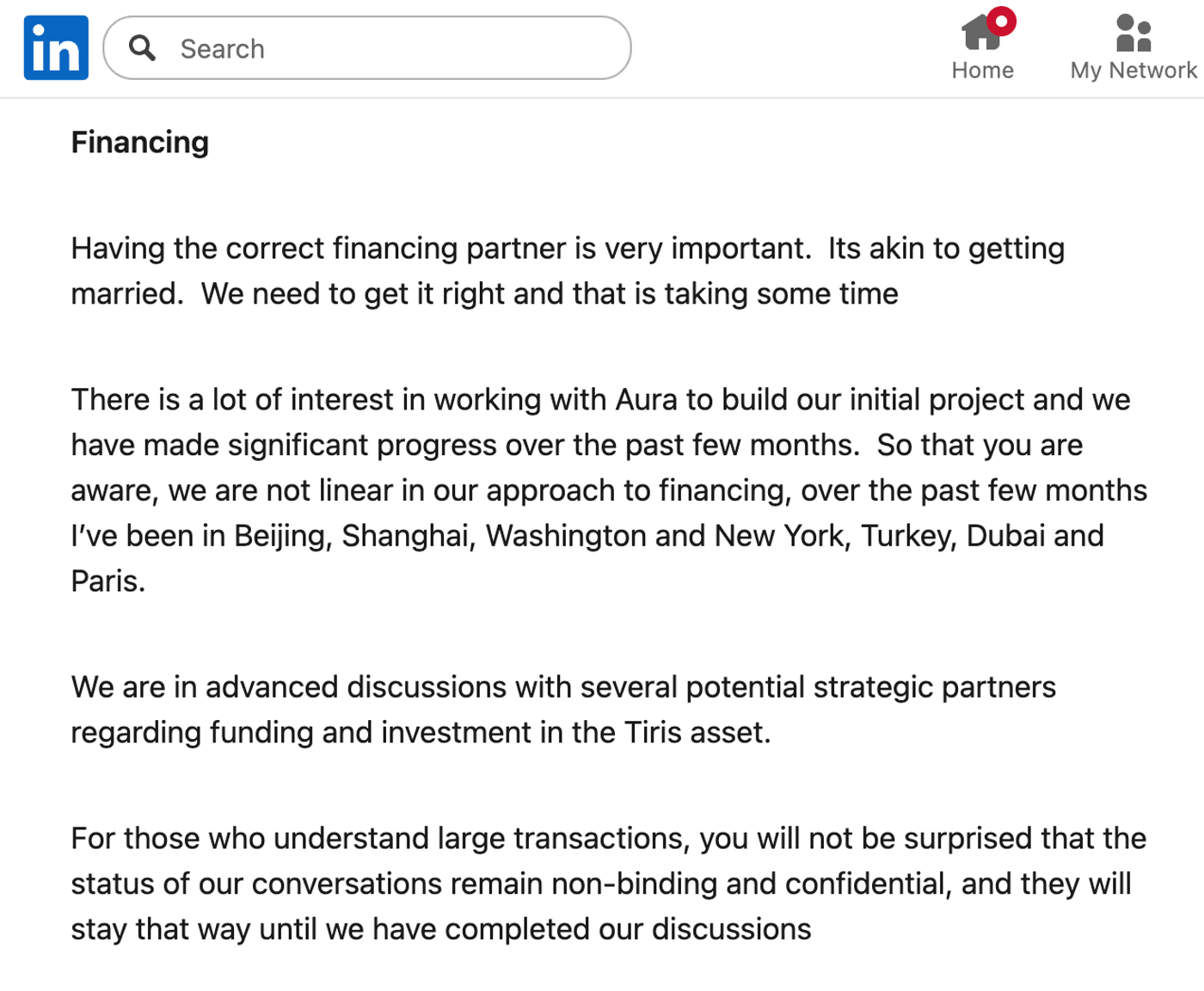Phil Mitchell writing on Tiris financing