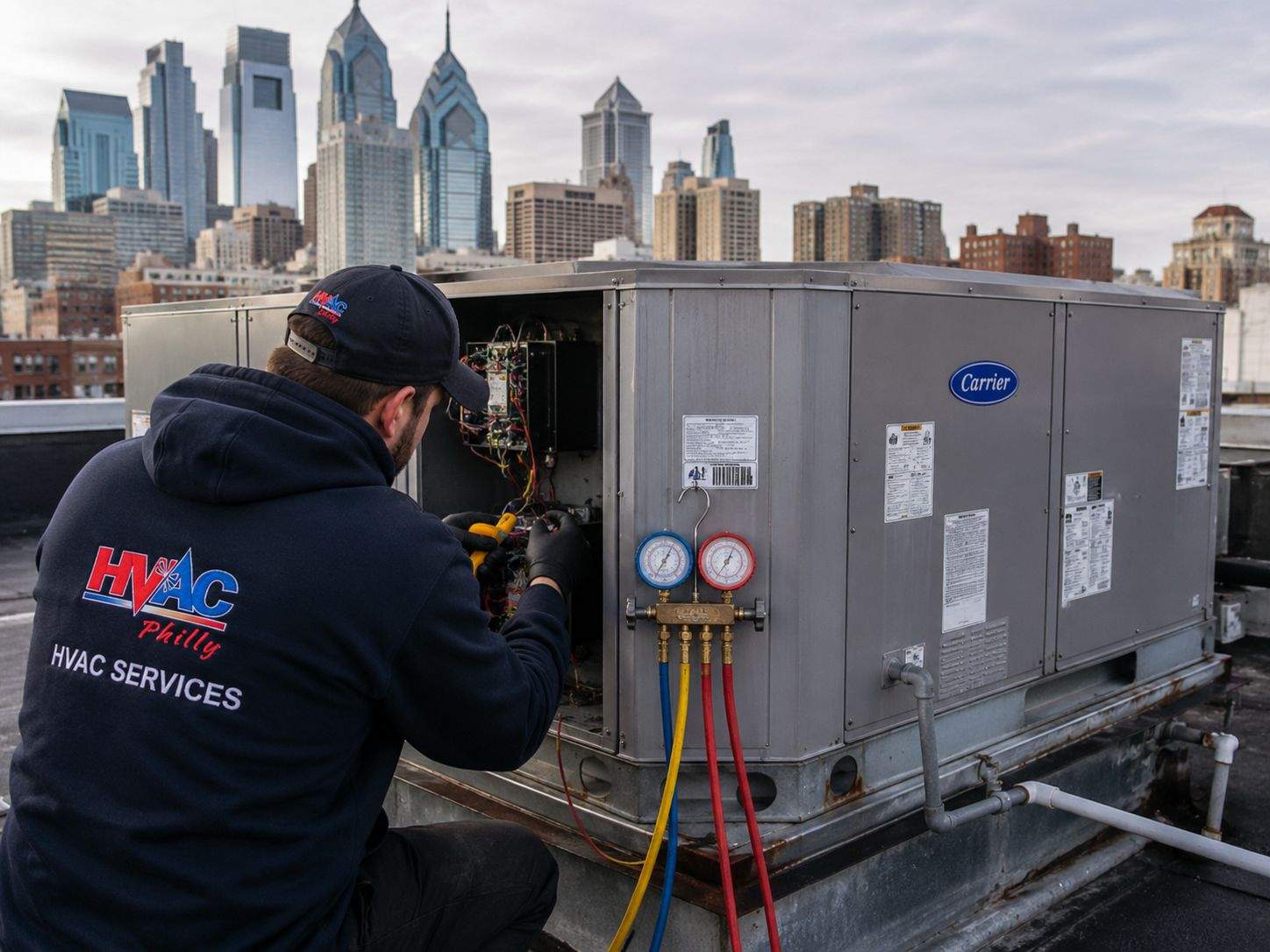 Technician servicing a commercial rooftop HVAC unit