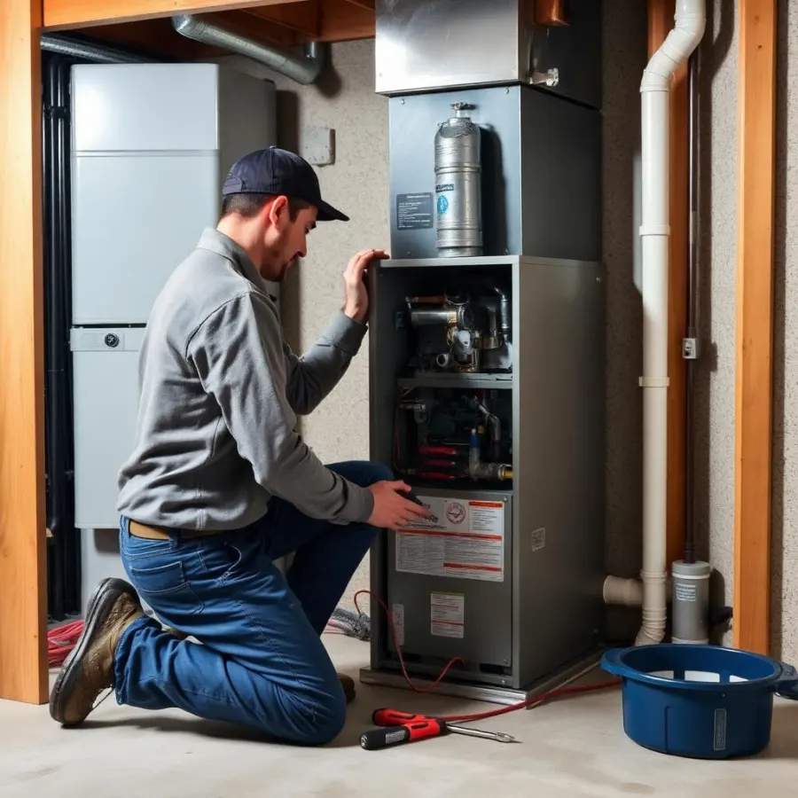 Technician servicing a residential furnace