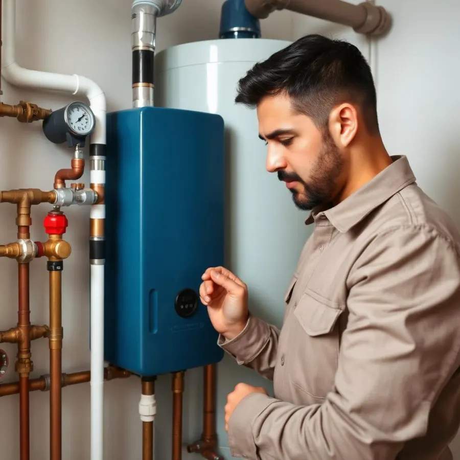 Technician servicing a residential gas boiler