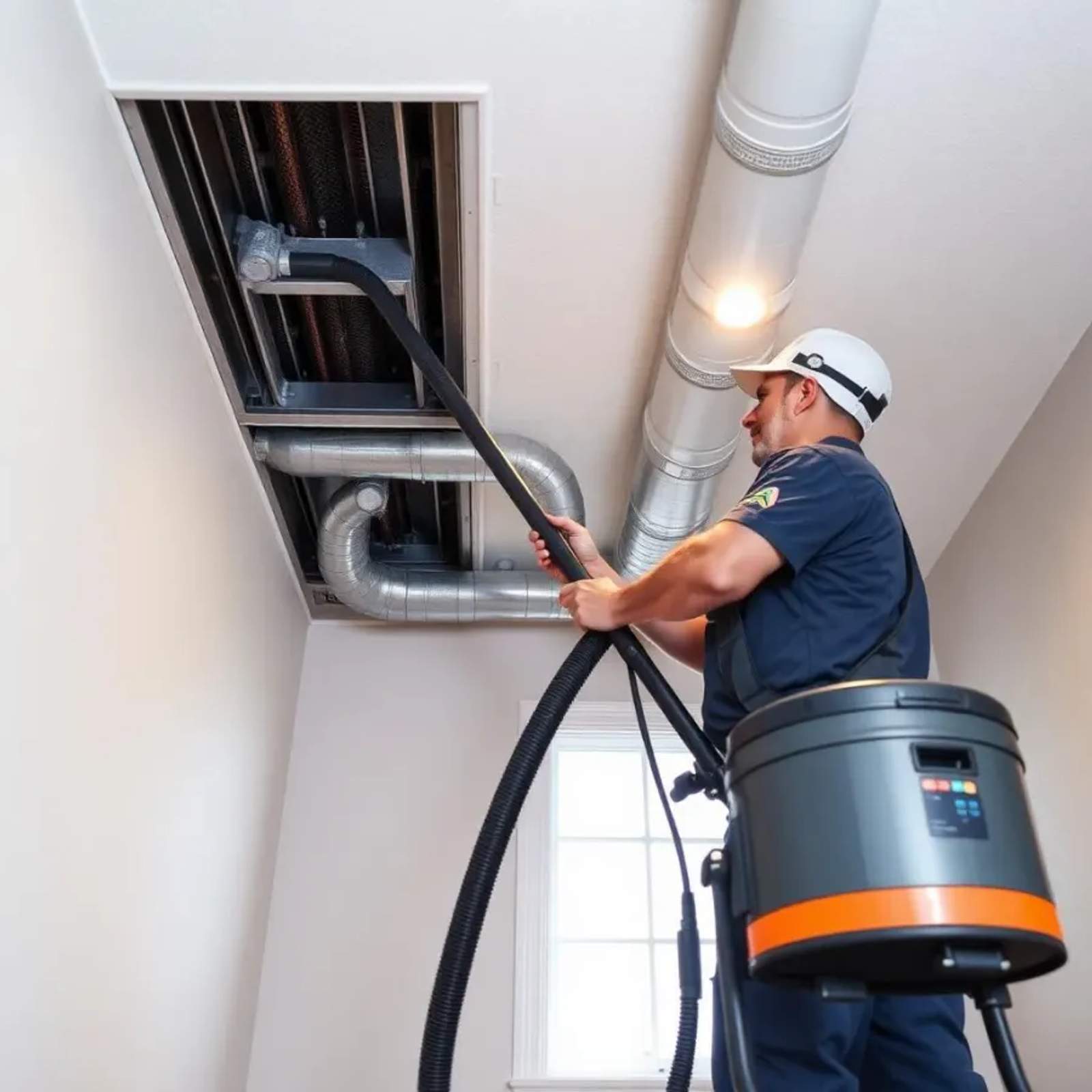 HVAC Philly technician sealing metal ductwork in a Philadelphia basement