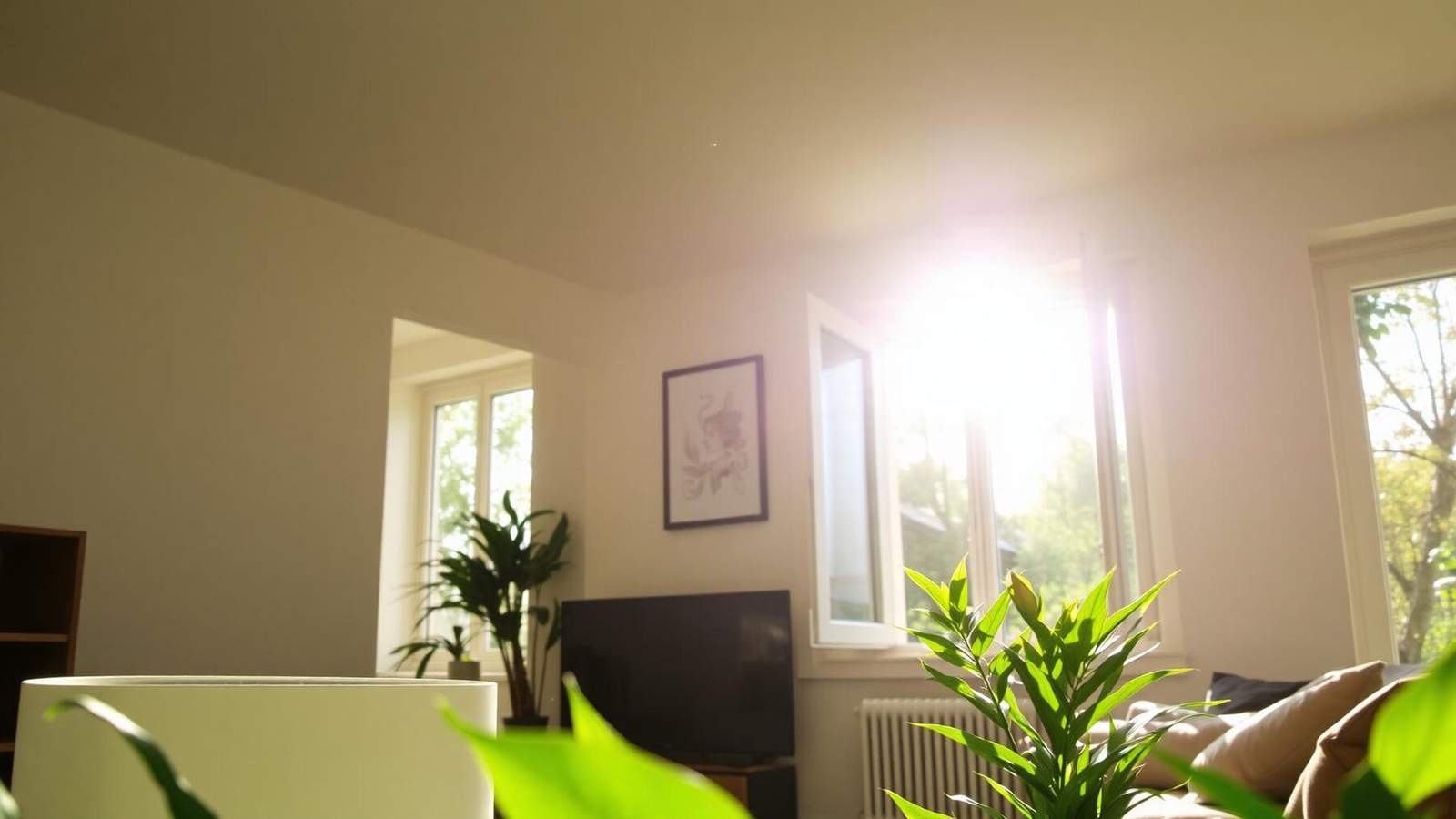 Sunlit living room with fresh air and a home air purifier