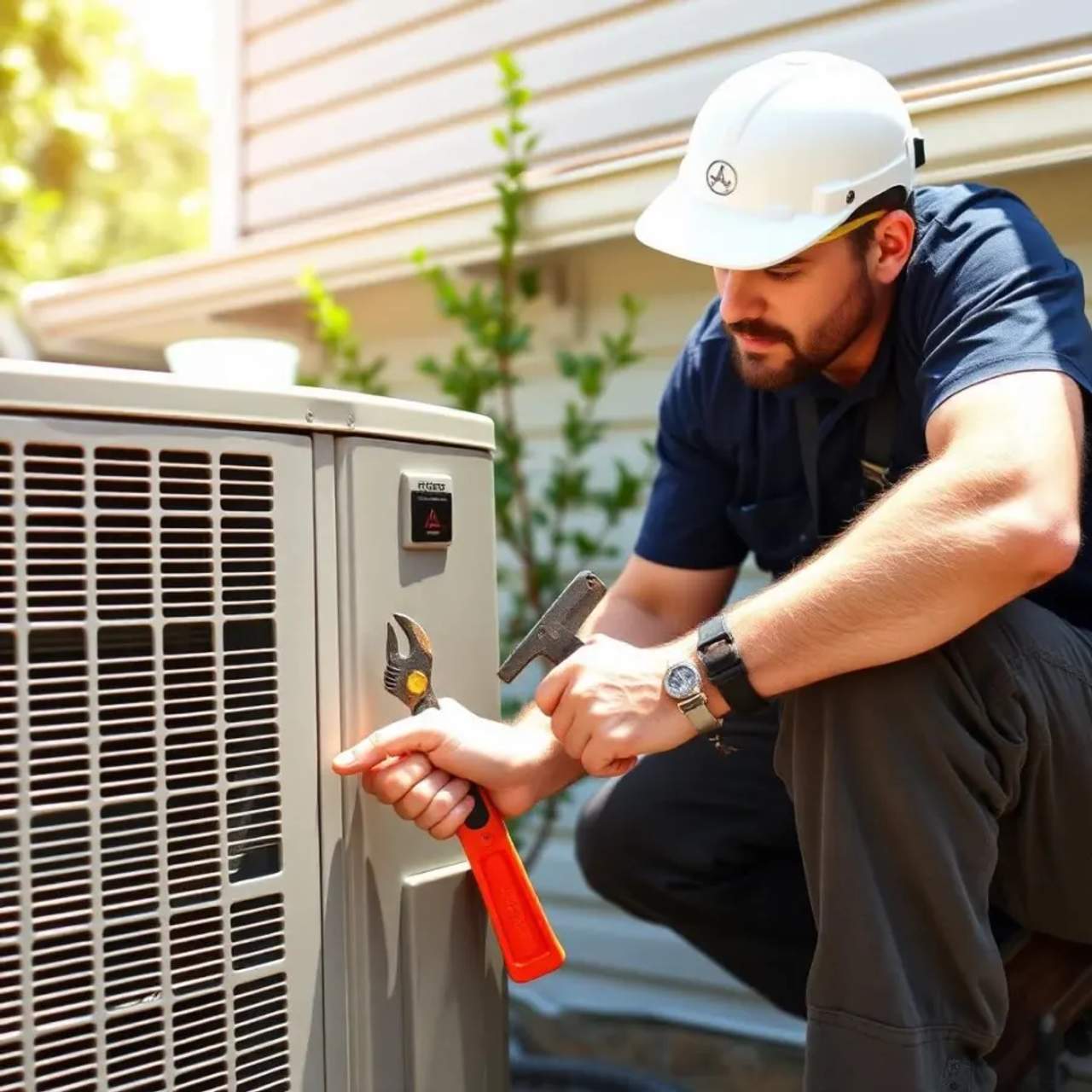 Technician diagnosing an air conditioning unit