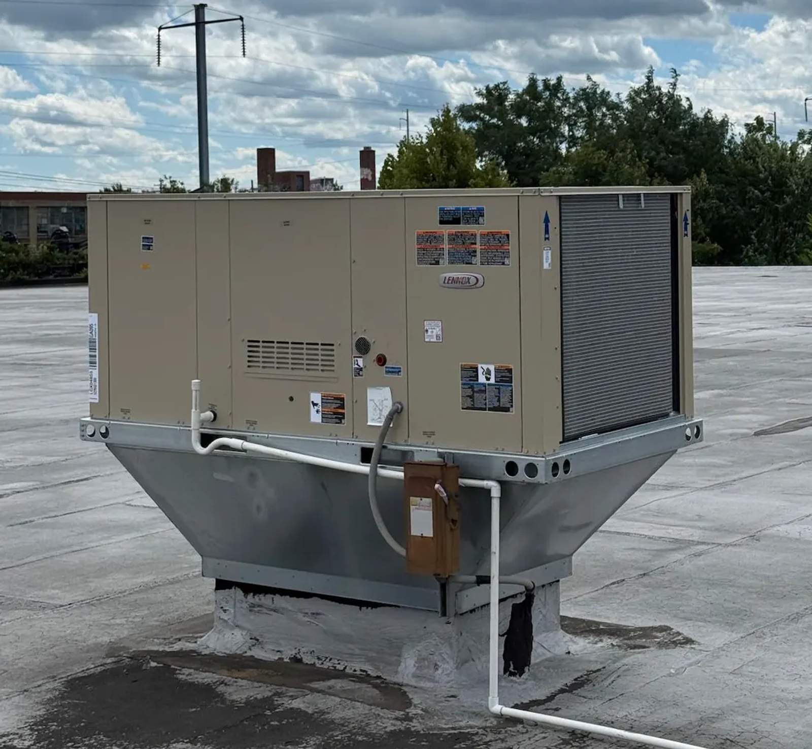 Crane setting a new commercial rooftop HVAC unit
