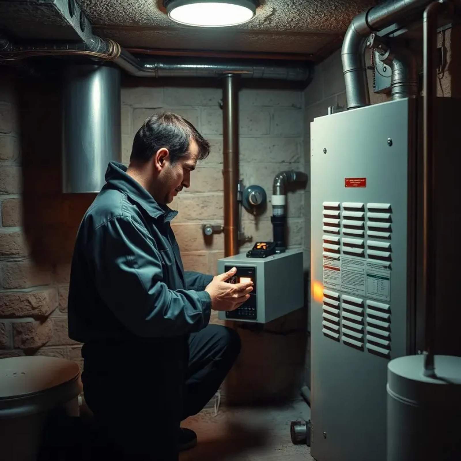 Technician repairing a residential furnace