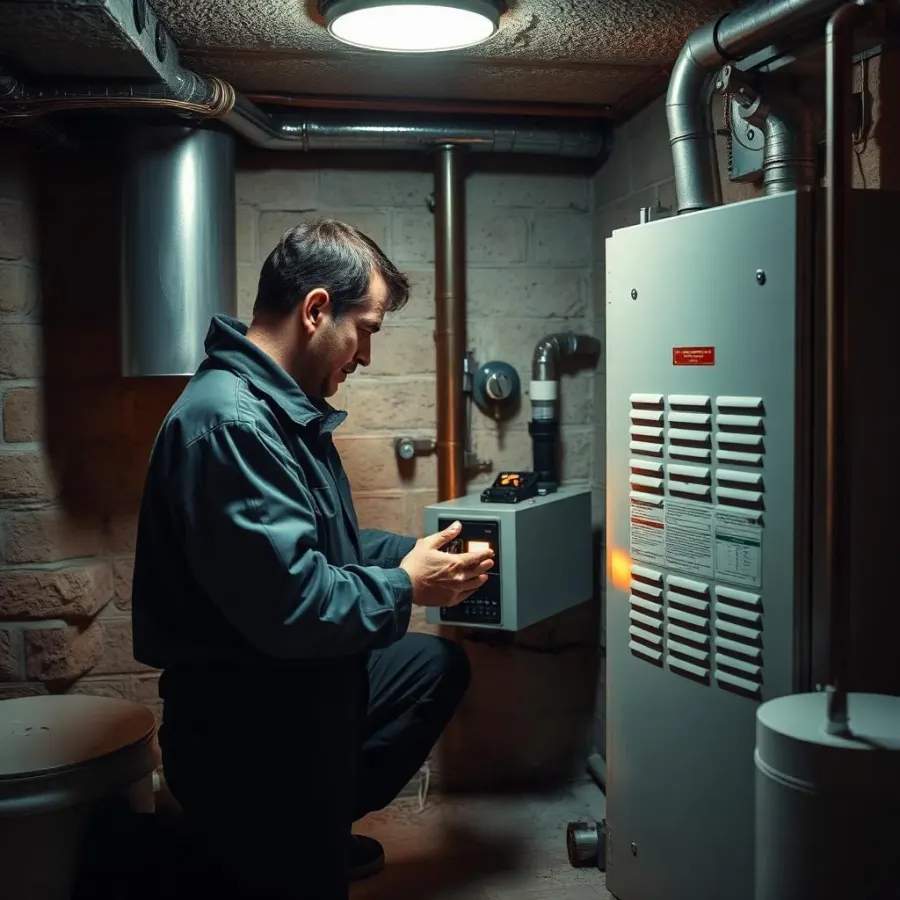 Technician repairing a residential furnace