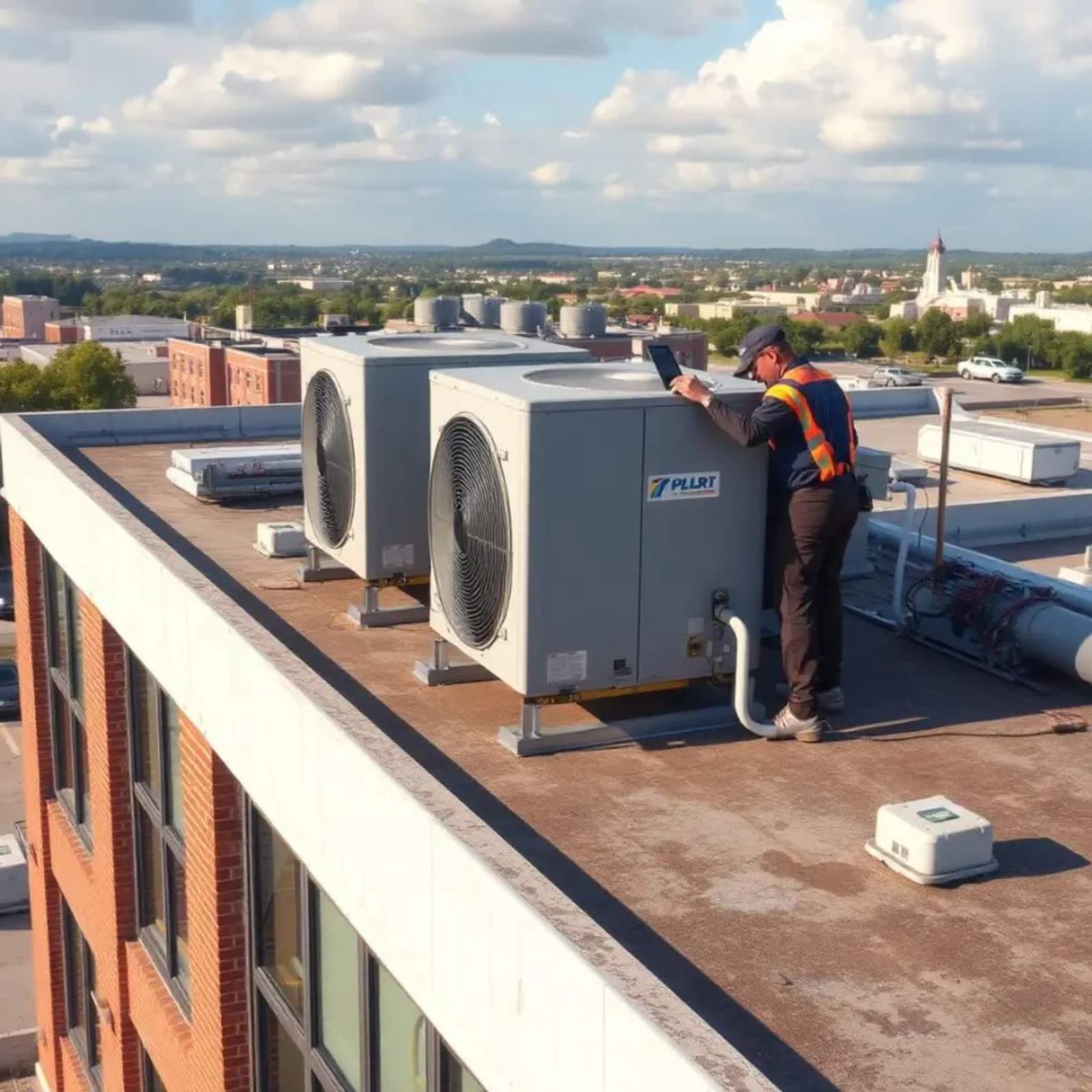 Technician servicing a commercial rooftop HVAC unit