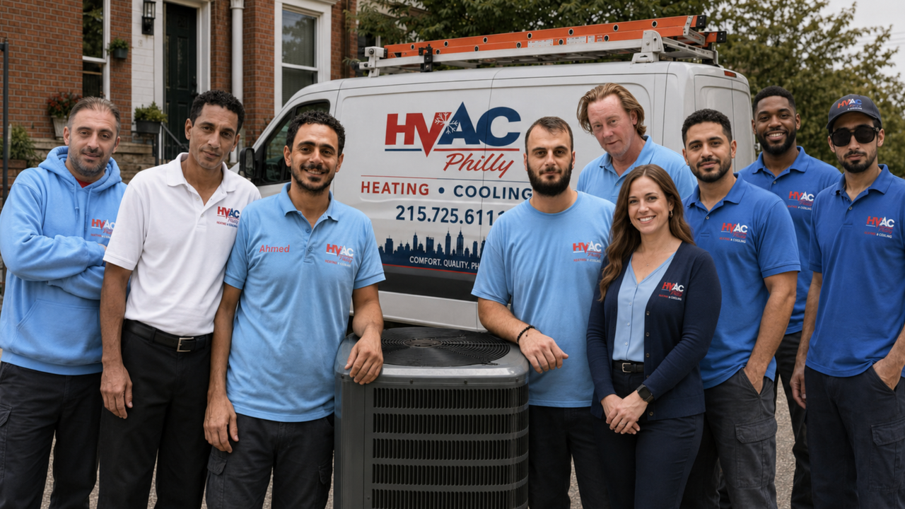 HVAC Philly technician servicing an air conditioning system in Philadelphia