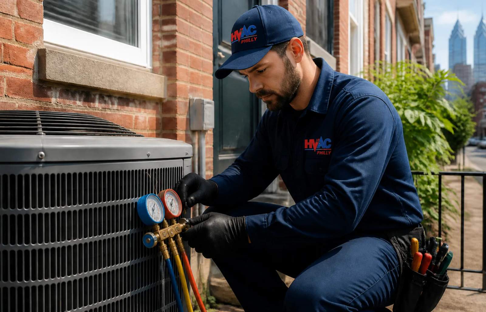HVAC Philly technicians servicing an outdoor AC condenser
