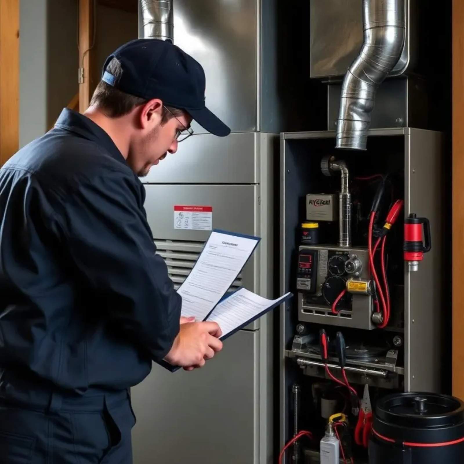 Technician performing fall furnace tune-up