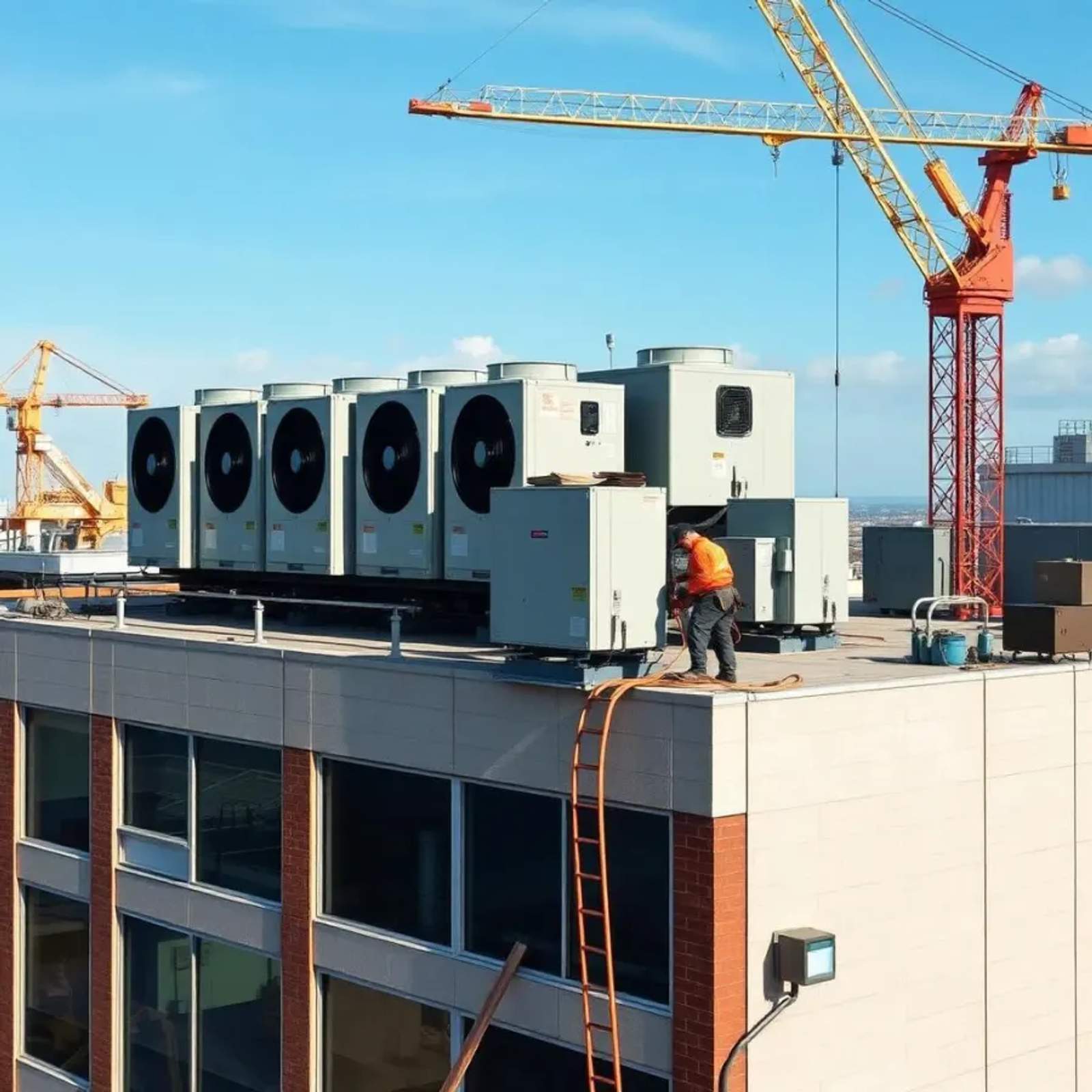 Crane setting a new commercial rooftop HVAC unit