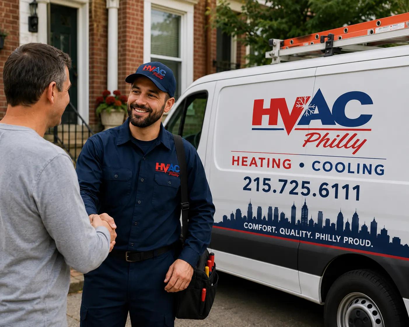 HVAC Philly technician shaking hands with a homeowner in front of a branded service van