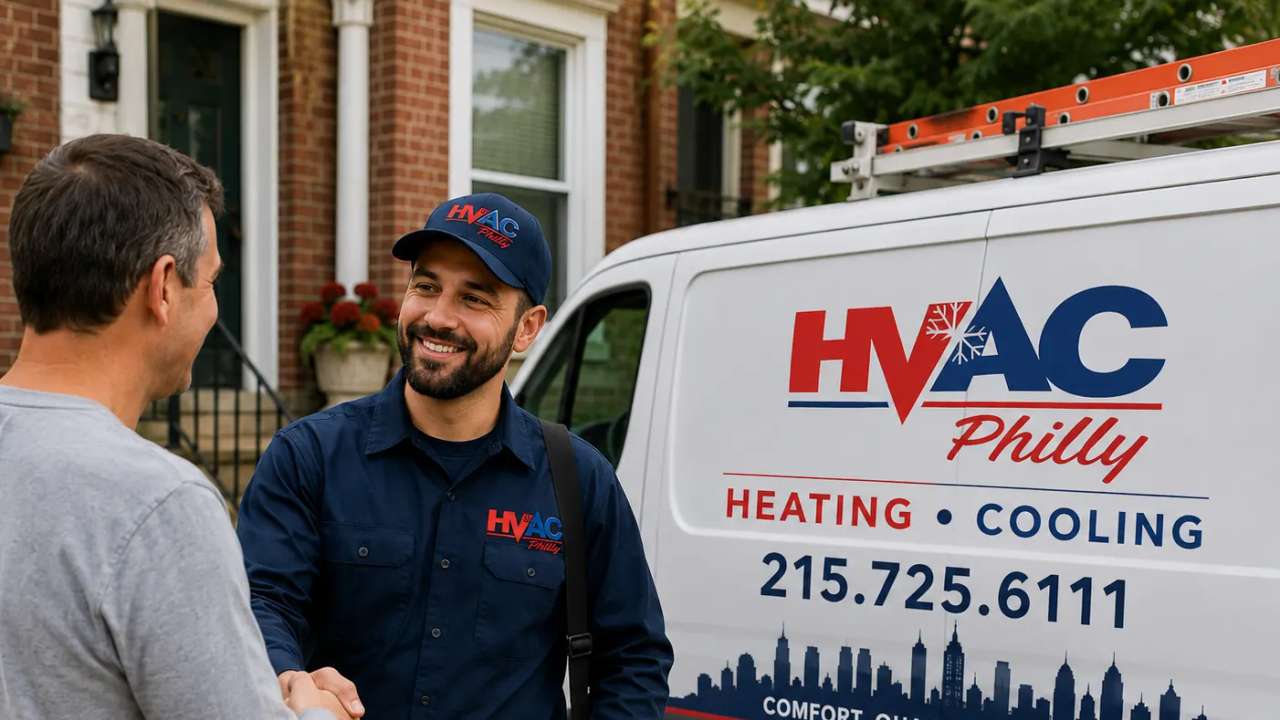 HVAC Philly technician servicing an air conditioning system in Philadelphia