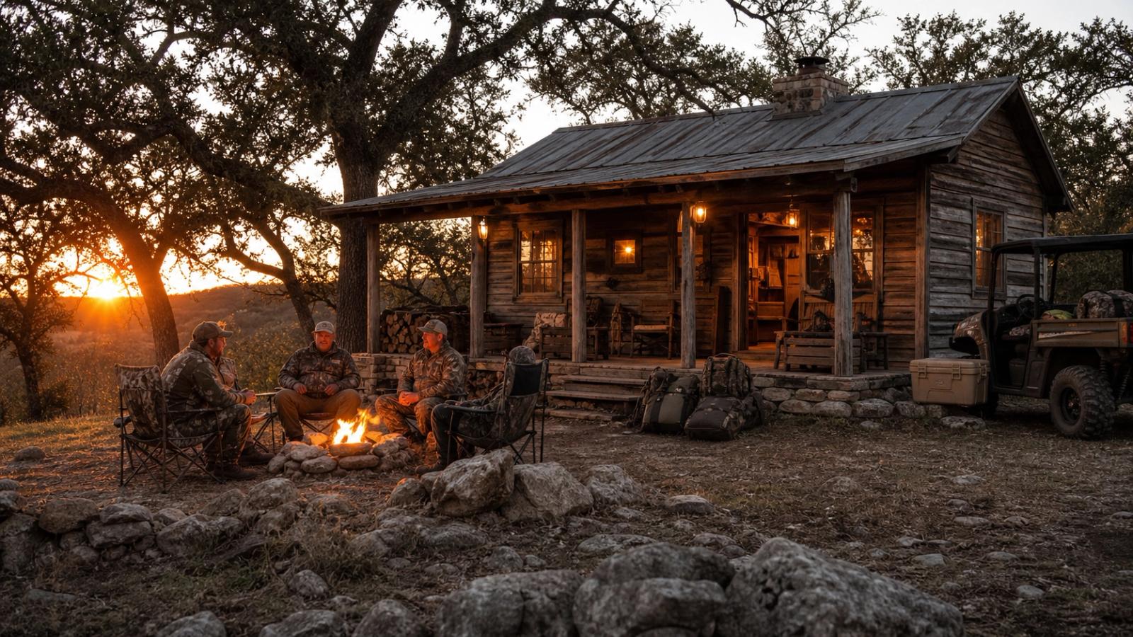 Rustic hunting cabin at dusk with a campfire and trucks parked outside
