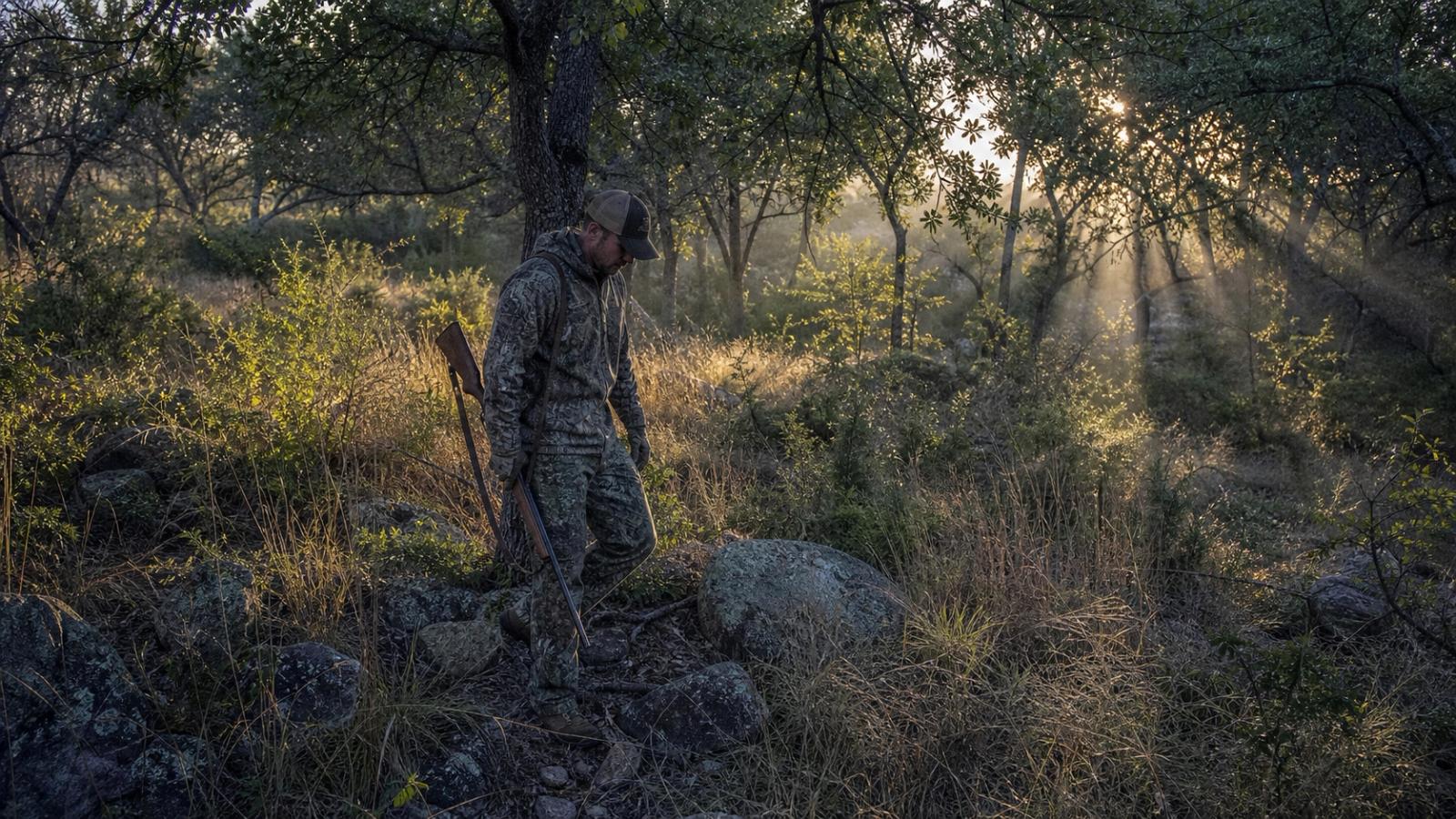 Game fence line along a misty wooded East Texas ranch at dawn