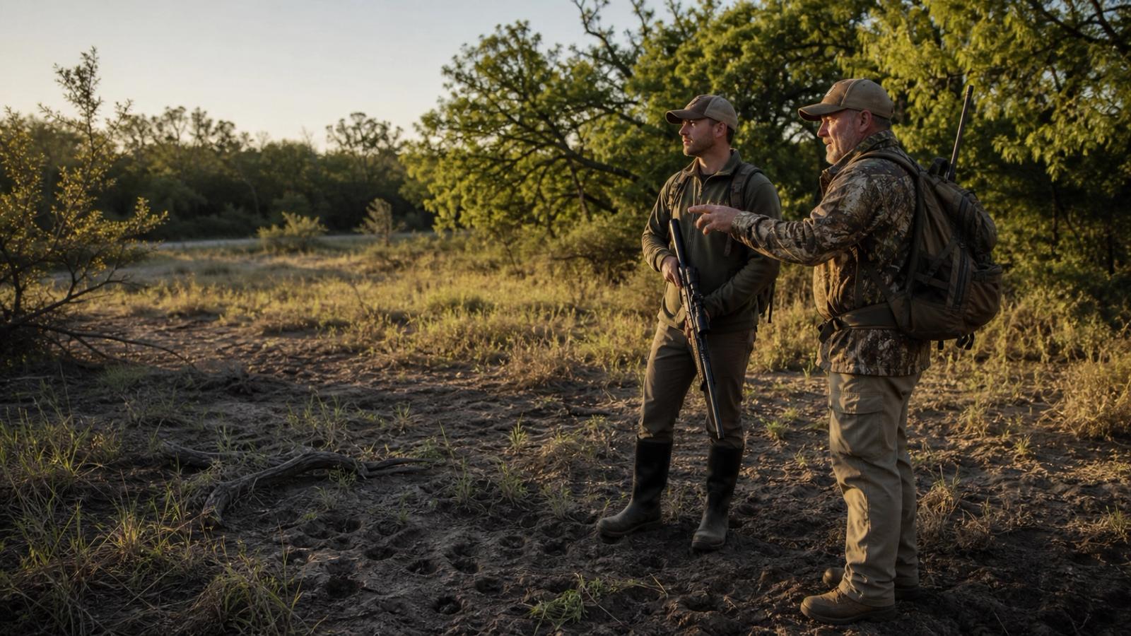 Guide and hunter walking through East Texas brush at golden hour