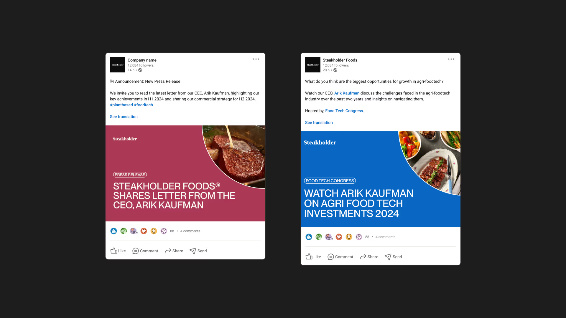 Steakholder LinkedIn posts created by VX.STUDIO, presenting its 3D food printing technology to B2B audiences.