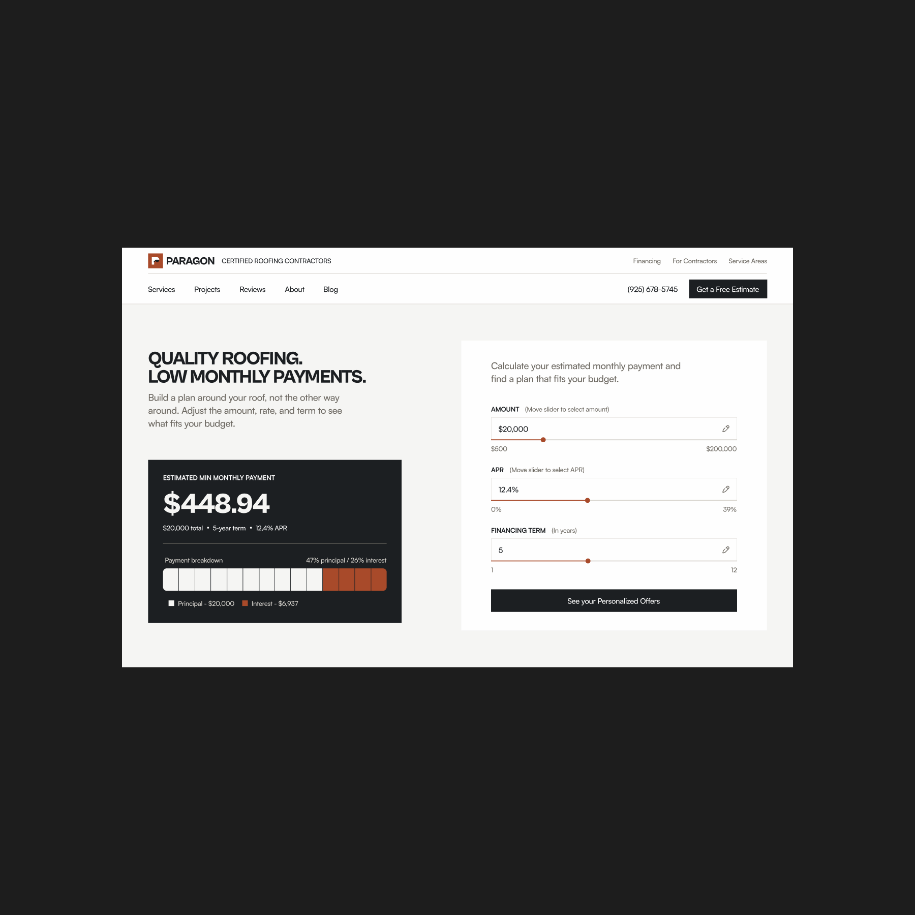 Paragon Roofing financing section on desktop, explaining payment options for roofing projects.