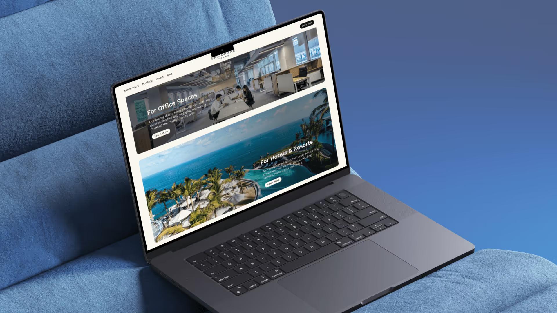 Epic Drone Tours industries section on a laptop, showing aerial work for real estate, hospitality, film, and television.