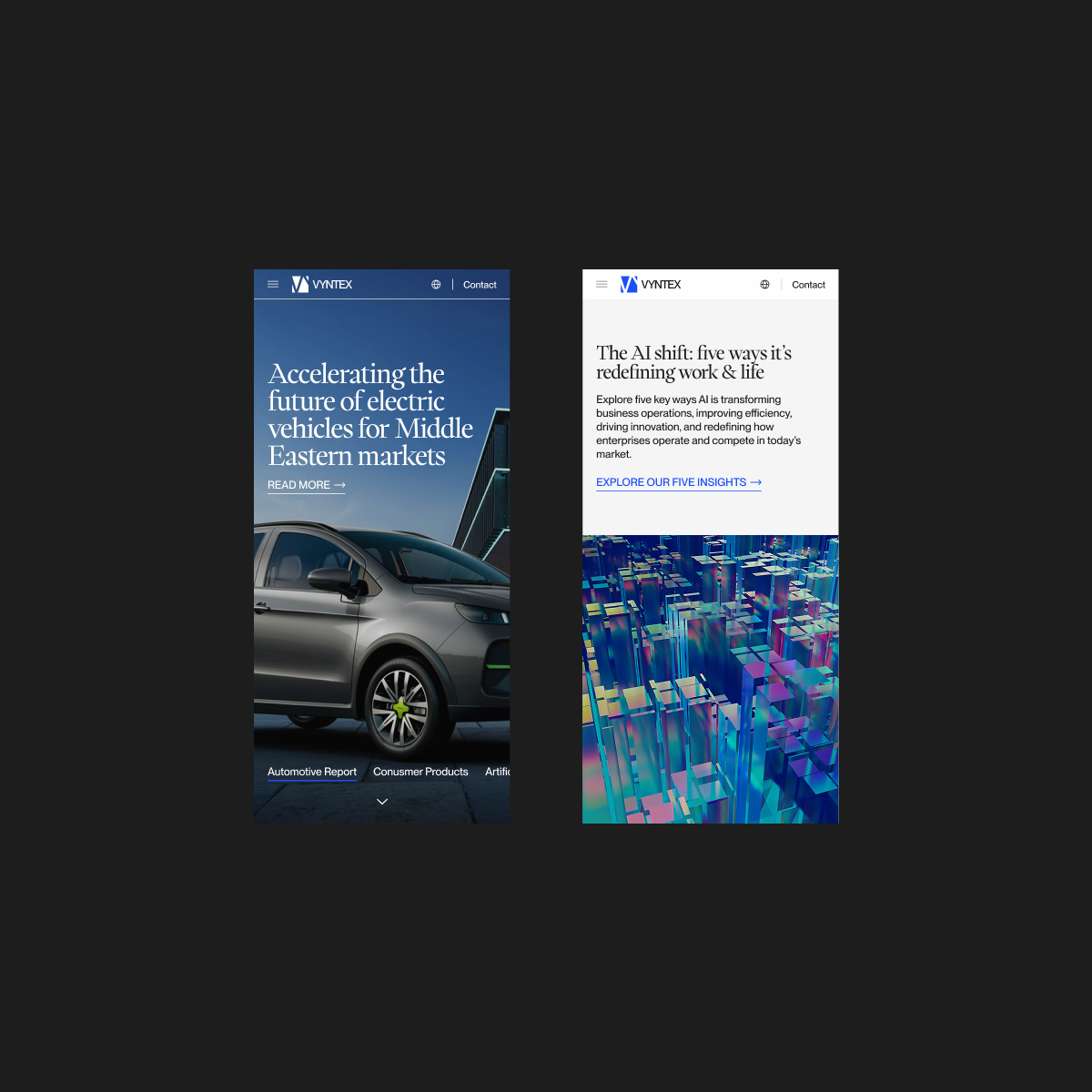 VYNTEX homepage hero and insights page on mobile.
