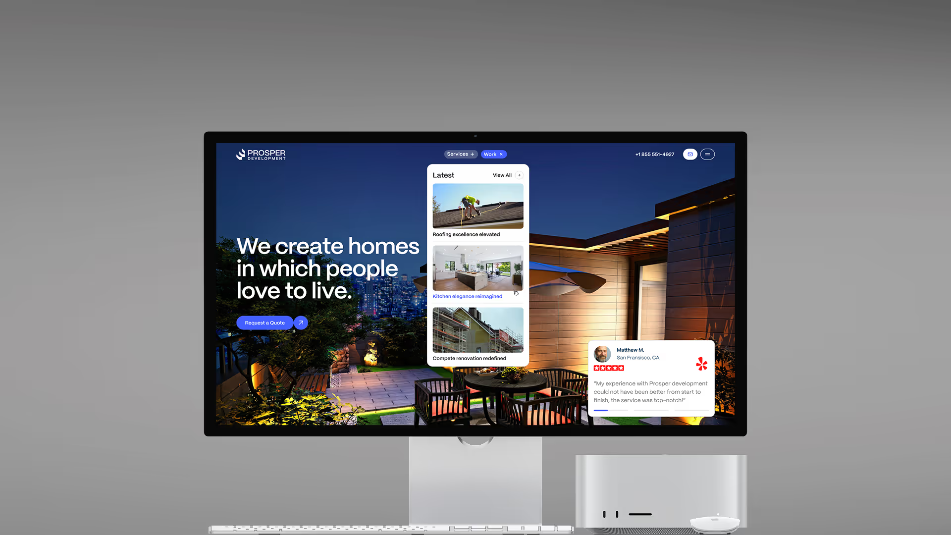 Prosper Development homepage on a desktop screen, with a navigation dropdown open listing its services.