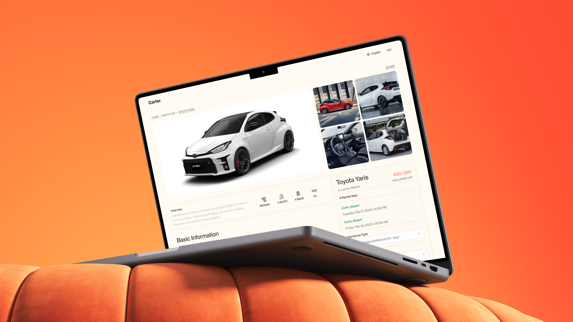 Carter car selection page designed by VX.STUDIO, showing available rental cars with pricing and booking options.