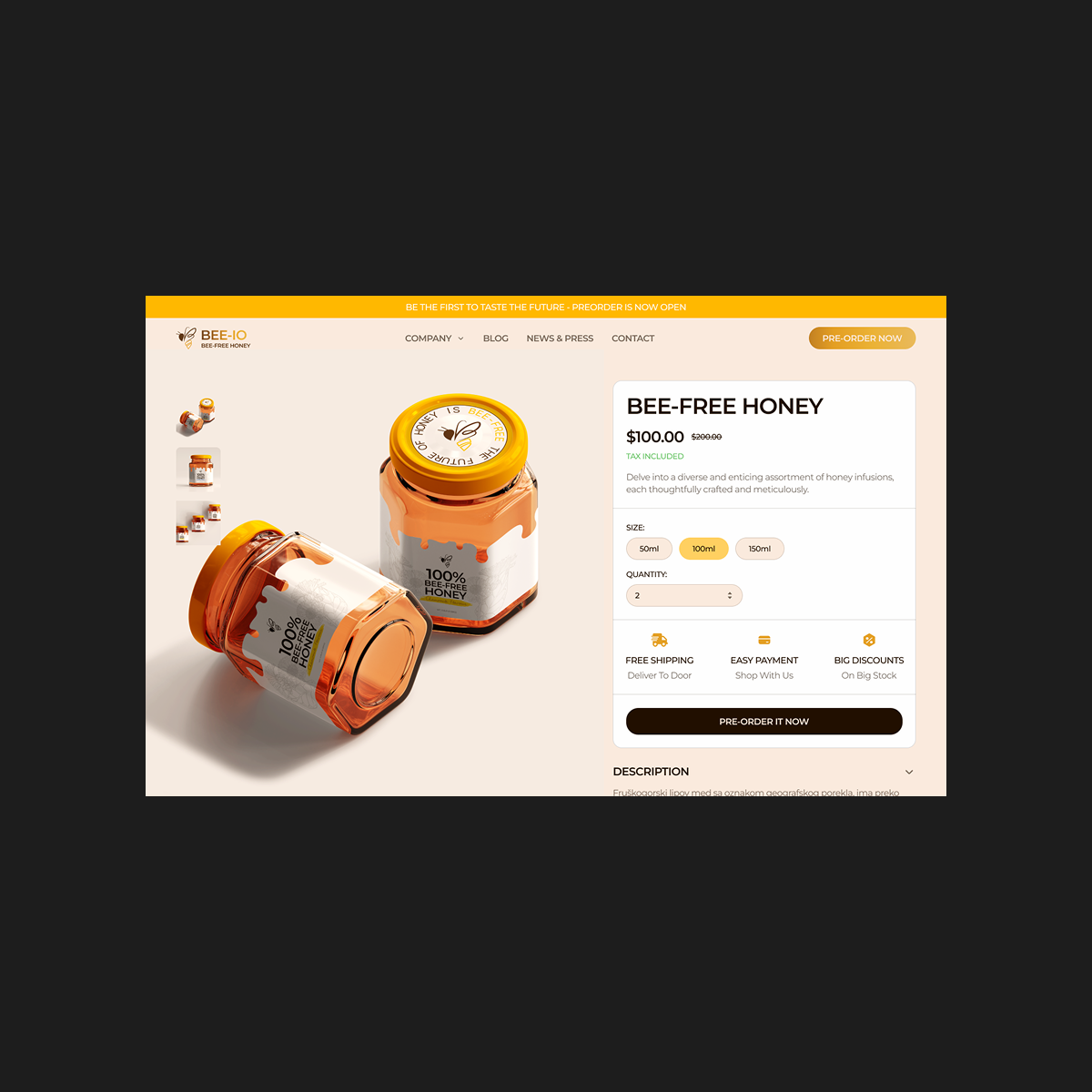 Bee-io product page for bee-free honey, with product details and an option to order.