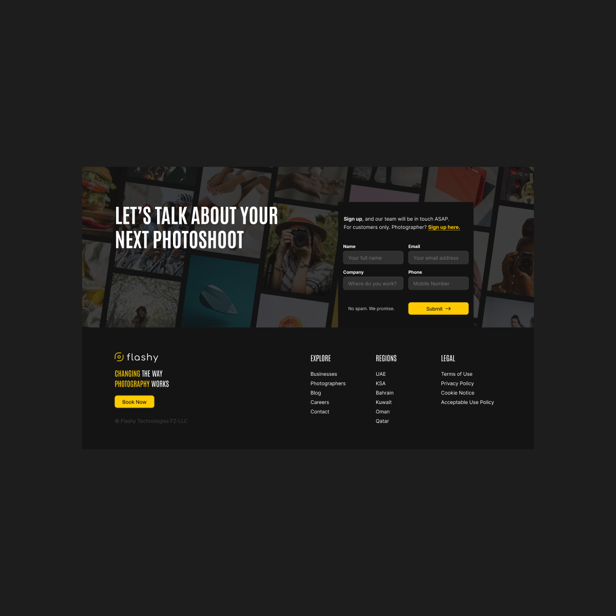 GetFlashy closing call-to-action form and footer on desktop.