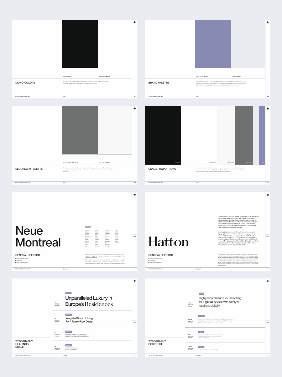 Brand typography specimens and color palette with color values.