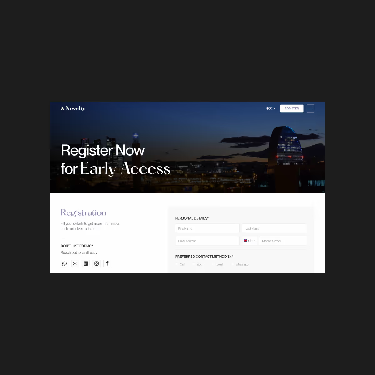 Novelty contact page on desktop, with a form for inquiries about property, investment, and residency services.