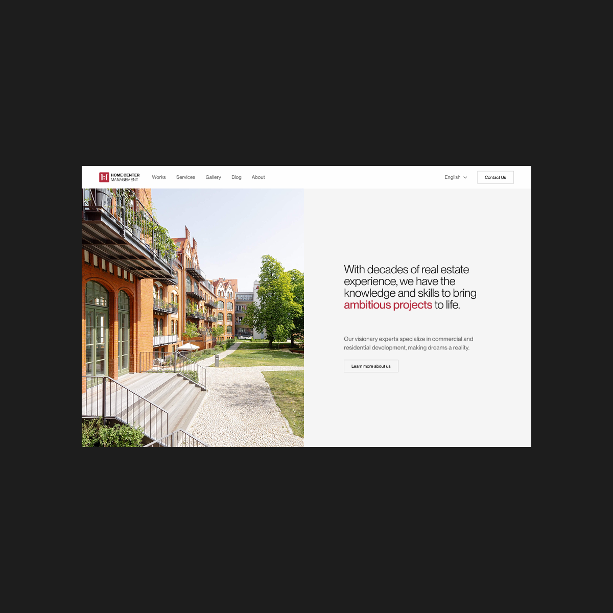 HCM website on desktop, showing a section of brand messaging about the company’s approach to development.