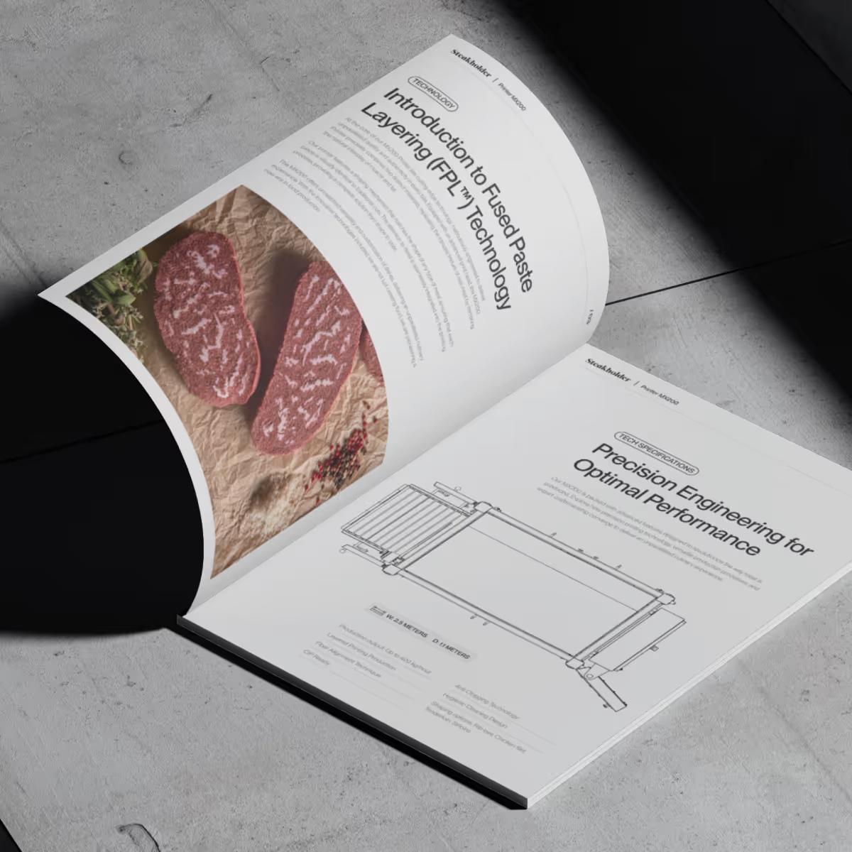 Steakholder technical brochure mockup, presenting printer specifications and the 3D printing technology.