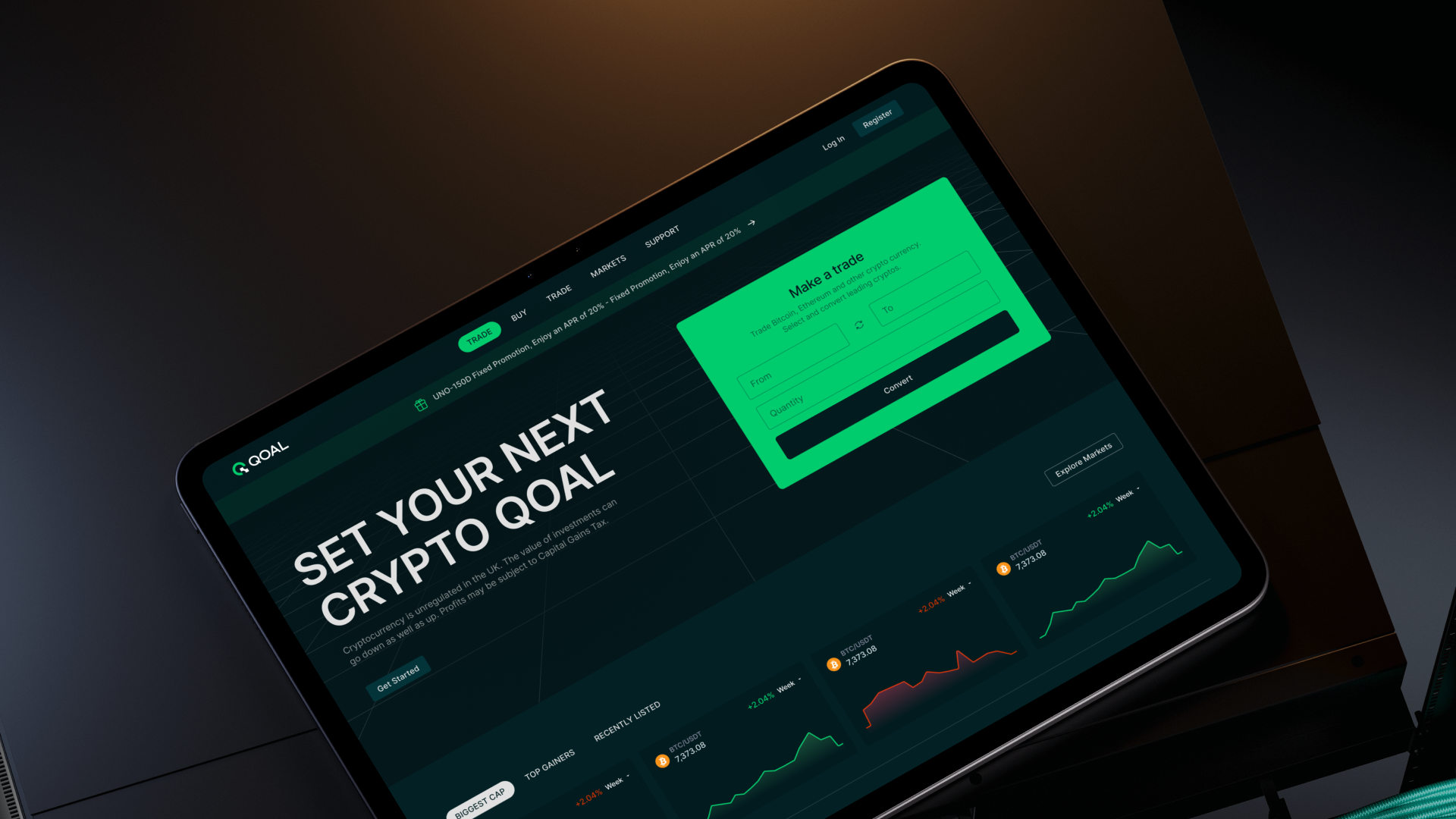QOAL feature for swapping one crypto asset for another, shown in a mockup.