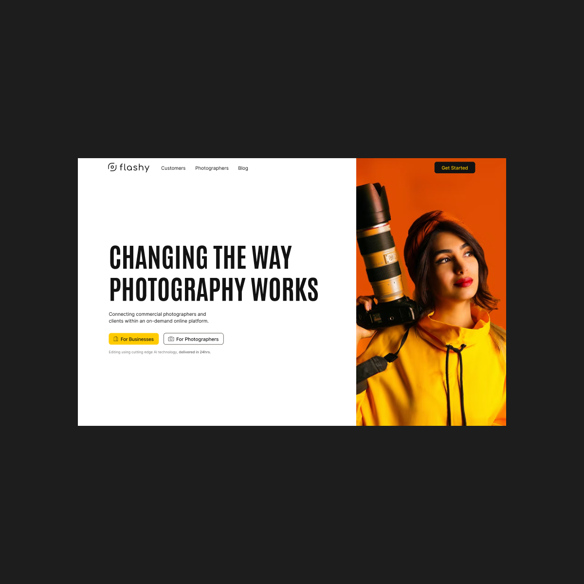 GetFlashy homepage hero on desktop, introducing one-click commercial photography for businesses.