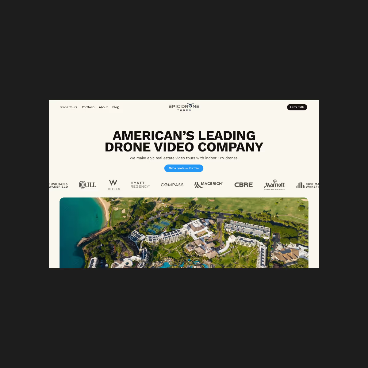 Epic Drone Tours homepage concept designed by VX.STUDIO, featuring aerial footage and an overview of services.