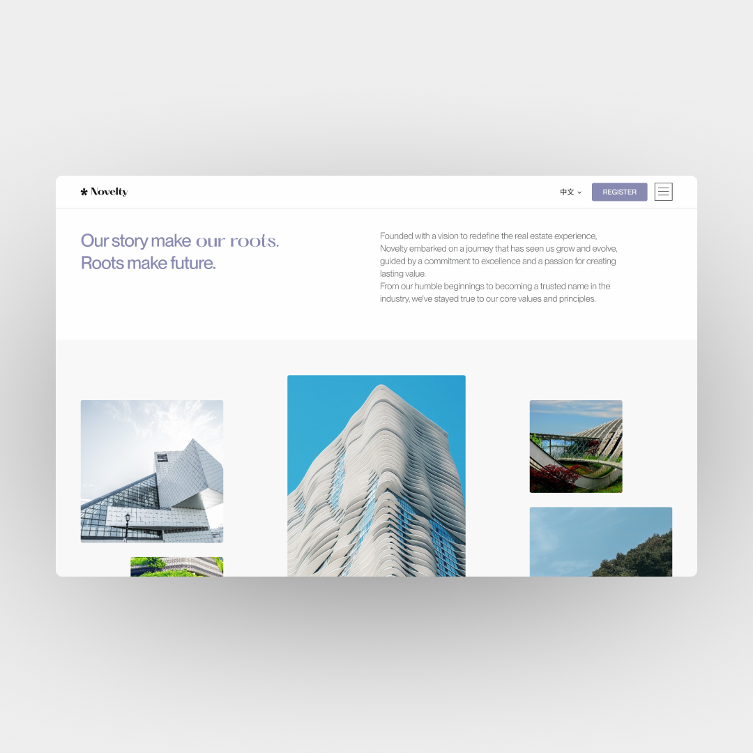 Novelty projects page on desktop, showcasing real estate developments with photos and details.