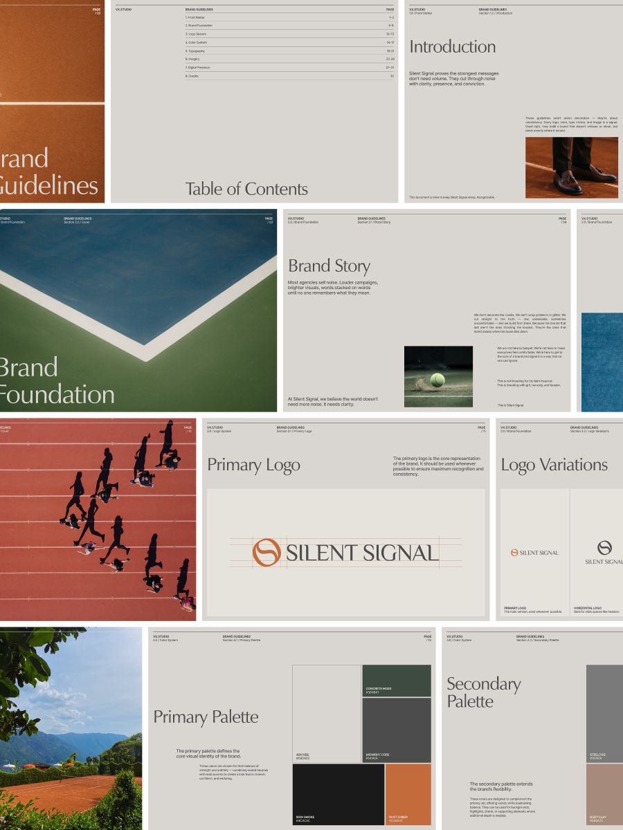 Pages from a brand book documenting how to use the identity.
