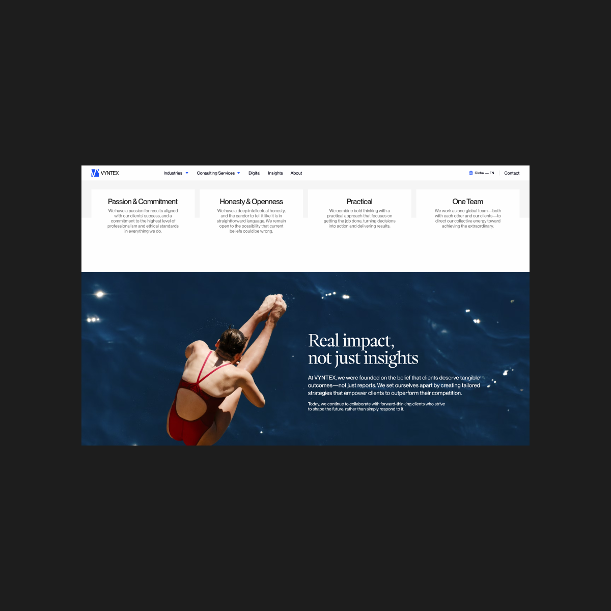 VYNTEX value proposition section on desktop, explaining how the consultancy supports businesses.