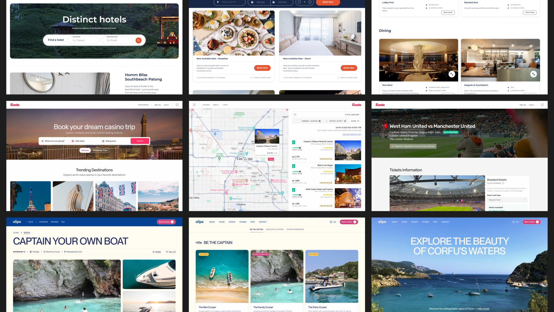 Grid of travel projects by VX.STUDIO, including booking platforms, websites, and brand identities for travel companies.