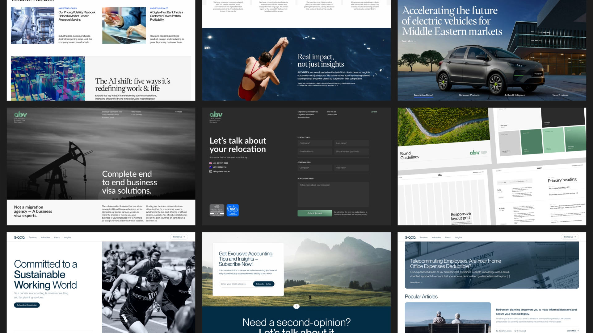 Grid of professional services projects by VX.STUDIO, including brand identities, websites, and automation for consultancies and service firms.