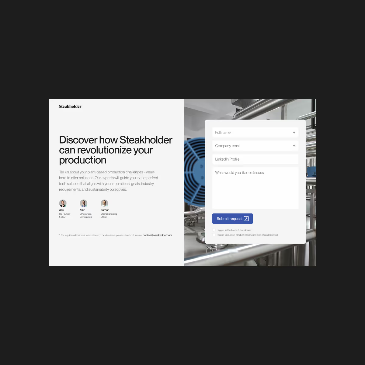 Steakholder contact page, with a form for investors, partners, and distributors to get in touch.